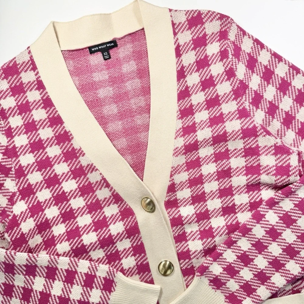 Who What Wear Women's Pink & Ivory Checked Cardigan Sweater XS Classic Old Money - Picture 3 of 10